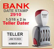 The Trodat 2910 Non Self Inking Teller has a 1-3/16 x 2 inch impression area. This Trodat 2910 Bank Teller Dater has at least 10 years of future dates.