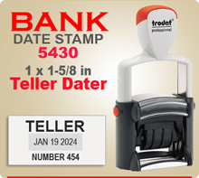 Trodat 5430 Professional Bank Teller Daters have an Imprint area of 1 x 1-5/8 inches. This Trodat 5430 Bank Teller Dater has a sturdy steel frame.