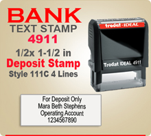 Trodat Ideal 50 4911 Bank Deposit Ink Stamp 111C 4 Lines. This Trodat Ideal 50 4911 Rubber Ink Stamp has a 1/2 x 1-1/2 inch imprint area. Trodat Ideal 50 4911 Ink Stamps makes a very good Bank Deposit Endorsement Stamp.