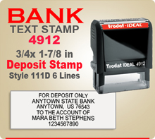 Trodat Ideal 80 4912 Bank Deposit Ink Stamp 111D 6 Lines. This Trodat Ideal 80 4912 Rubber Ink Stamp has a 3/4 x 1-7/8 inch imprint area. Trodat Ideal 80 4912 Ink Stamps makes a very good Bank Deposit Endorsement Stamp.