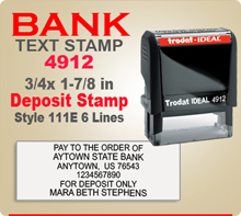 Trodat Ideal 80 4912 Bank Deposit Ink Stamp 111E 6 Lines. This Trodat Ideal 80 4912 Rubber Ink Stamp has a 3/4 x 1-7/8 inch imprint area. Trodat Ideal 80 4912 Ink Stamps makes a very good Bank Deposit Endorsement Stamp.