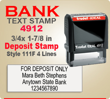 Trodat Ideal 80 4912 Bank Deposit Ink Stamp 111F 4 Lines. This Trodat Ideal 80 4912 Rubber Ink Stamp has a 3/4 x 1-7/8 inch imprint area. Trodat Ideal 80 4912 Ink Stamps makes a very good Bank Deposit Endorsement Stamp.