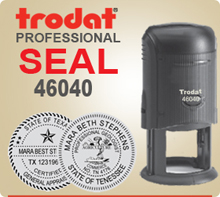 Trodat 46040 Professional Stamp Seal. This Professional Stamp is 1-5/8 inch in diameter. If order is placed by 4 pm Central we usually ship the next day.
