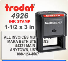 Trodat Printy 4926 Ideal 300 size Rubber Stamper. Copy space is a 1-1/2 inches by 3 inches rectangle. The Ideal 300 size Printy ships in 24 hours if order is in by 4 pm central.