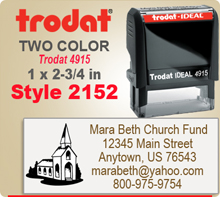 Order this Two Color Ink Stamp by Trodat with Address to the Right and a Logo or Letter Initial to the lelft. This is a Trodat 4915. Image size is 1 by 2-3/4 inches.