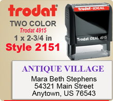 Order this Two Color Ink Stamp by Trodat with Information in upper and lower sections. This is a Trodat 4915. Image size is 1 by 2-3/4 inches.