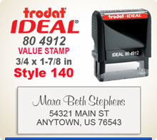 Trodat Ideal 80 4912 Value Stamp 136. This Personalized Trodat Ideal 80 4912 Self Inking Stamp displayed here has a 3/4 x 1-7/8 inch imprint area.