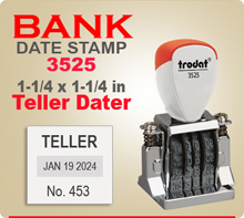 Purchase this Custom Trodat 3525 Non Self Inking Bank Teller Dater shown here for use with a regular Stamp Pad. In by 4 ships next day.