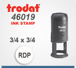 Trodat 46019 Round Printy Self Inking Rubber Stamp for use as an inspection stamp. This Trodat Printy 46019 has a 3/4 inch die plate with 5/8 print area.