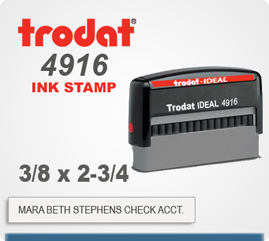 Order online Trodat Printy 4916 Custom Designed Rubber Stamp. The printing platen area is 3/8 inch by 2-3/4 inches. Enter the order by 4 pm central and ships tomorrow
