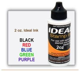 Order 2 oz. size Ideal Trodat Rubber Stamp Pad Ink here. Works in many self inking stamps. It is a water based ink for Ideal Trodat Rubber Stamps.