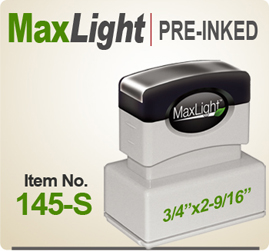 MaxLight 145 Pre Inked Rubber stamp offers the user a durable rugged printing impression, superior imprint quality, over four times the ink and many colors. Order your MaxLight 145 Today for quick ship.