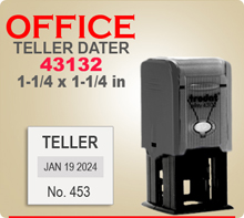 Trodat 43132 Dater Square Layout With Multi Lines. This Trodat 43132 Dater is 1-1/4 inches from top to bottom and left to right. It is a Square Dater. It is used as a Small Self Inking Teller Dater Stamper