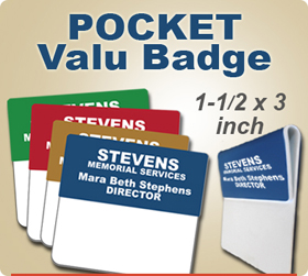 Custom Engraved Folded Pocket Badge. This Pocket Valu Badge size is 1-1/2 x 3 inches. Choose from many background and letter colors.
