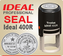 This is an Ideal 400R Professional Rubber Stamp Seal, 1-5/8 inch in diameter. Self Inking Ideal 400R Rubber Stamp Seals are used by many Professionals.