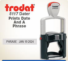 Trodat 5117 Professional Phrase Dater With Steel Frame and a composite outer skin. This nice heavy Duty Dater is available to ship next day usually if in by 4 PM Central.