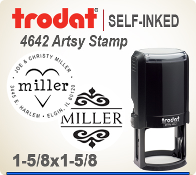 Get your customized and creative Artsy Trodat 4642 Address Art Stamper at this web site. Choose a look that you like, enter address city state zip. PIck a desired ink and we'll get your Ink Stamp out right away.