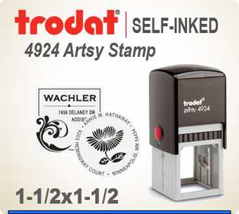 Get your customized and creative Trodat Artsy 4924 Address Art Stamper at this web site. Choose a look that you like, enter address city state zip. PIck a desired ink and we'll get your Ink Stamp out right away.