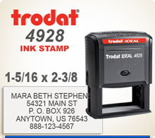 Trodat Printy 4928 Personalized Rubber Ink Stamp. Has a 1-1/4 inches by 2-3/8 inches personalization space. This item ships in 1 day if ordered by 4 pm central.