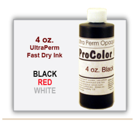 Ultra Perm Opaque Fast Dry Ink in 4 oz. Bottle is used with a Handle Stamp with Genuine Rubber imprint die plate and a Felt Stamp Pad. This ink can also be used with Pullman non-self inking Numbering Band Stamps.