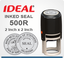 Ideal 500R Professional Rubber Stamp Seal. This Professional Seal is 2 inch in diameter, used most often for State Seals that require 1-3/4 inch impression. Ideal 500R Rubber Stamp Seals are Self Inking.