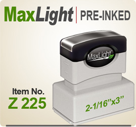 MaxLight Z225 Pre Inked Rubber stamp offers the user a durable rugged printing impression, superior imprint quality, over four times the ink and many colors. Order your MaxLight Z 225 Today for quick ship. Like Xstamper N-16
