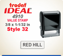 Trodat Ideal 4910 Value Stamp 32. This Personalized Trodat Ideal 50 4911 Self Inking Stamp displayed here has a 3/8 x 1-1/32 inch imprint area.