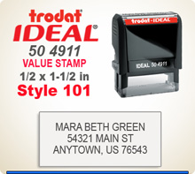 Trodat Ideal 50 4911 Value Stamp 101. This Personalized Trodat Ideal 50 4911 Self Inking Stamp displayed here has a 1/2 x 1-1/2 inch imprint area.