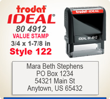 Trodat Ideal 80 4912 Value Stamp 122. This Personalized Trodat Ideal 80 4912 Self Inking Stamp displayed here has a 3/4 x 1-7/8 inch imprint area.