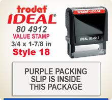 Trodat Ideal 80 4912 Value Stamp 18. This Personalized Trodat Ideal 80 4912 Self Inking Stamp displayed here has a 3/4 x 1-7/8 inch imprint area.
